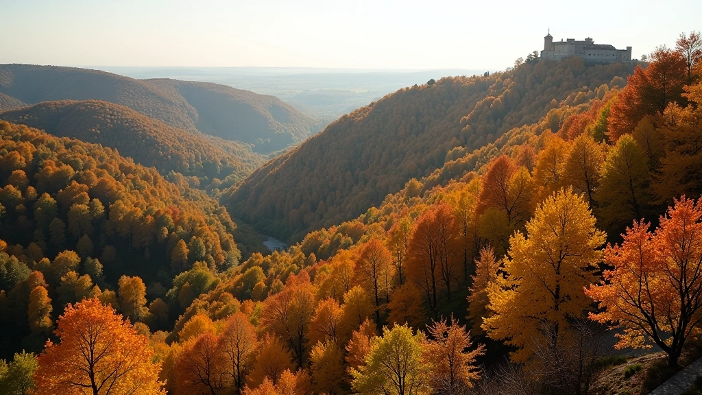 Dabas ainava ar Dāņu kalnu un apkārtējo mežu rudens krāsās