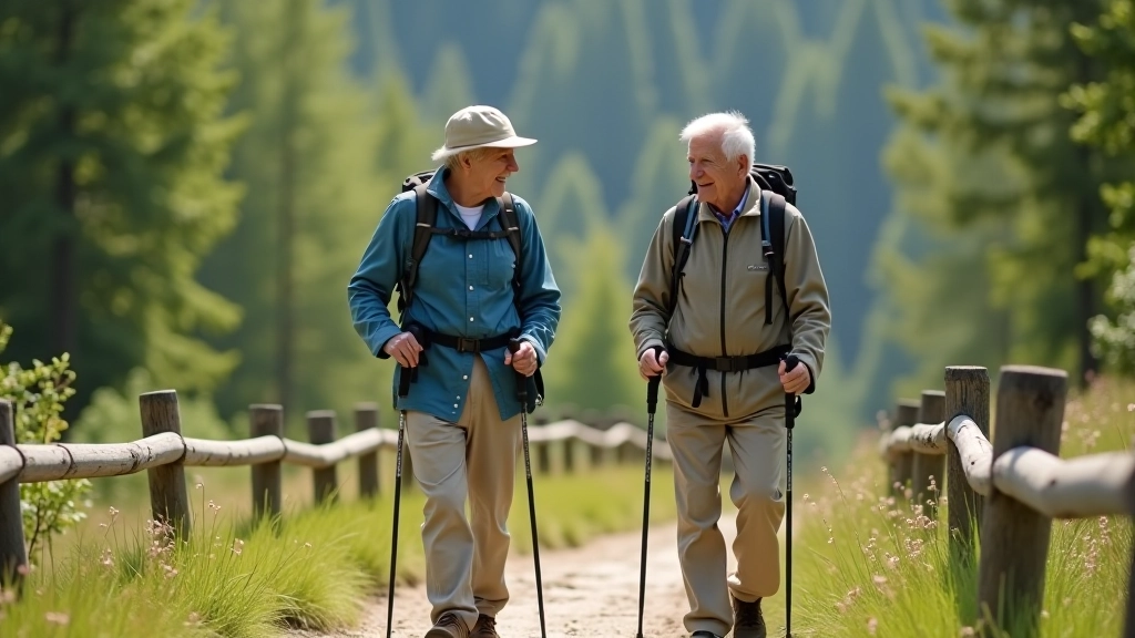Divi seniori staigā ar nūjām pa iezīmētu kalna takelī, smaidīdami un sarunājoties